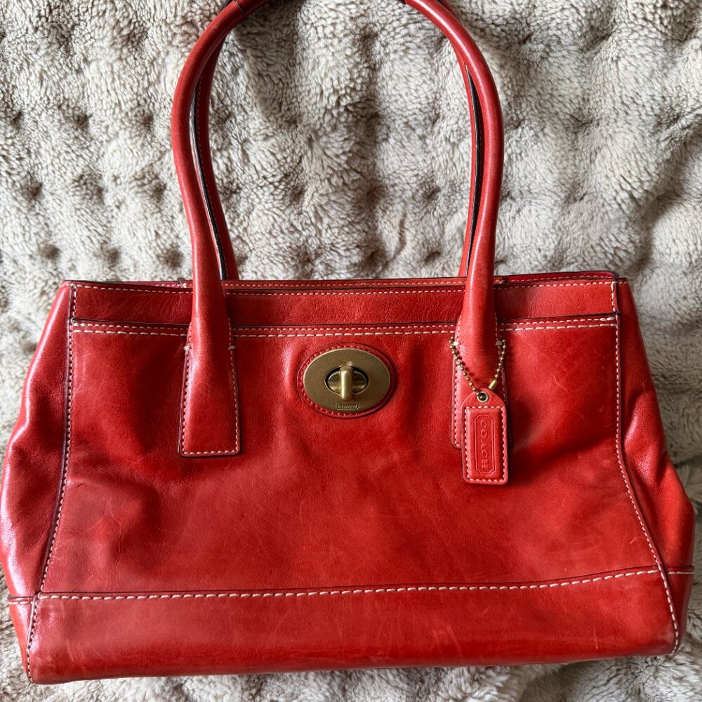 Vintage Coach Leather Satchel Handbag Orange Red Brass Hardware - Picture 2 of 8